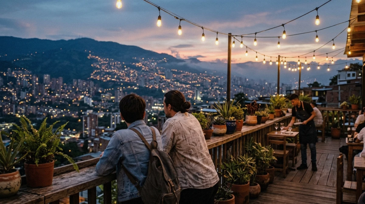 Rooftop bar crowd dressed smart casual at dusk, a look at what to wear clubbing in Medellin as the evening cools